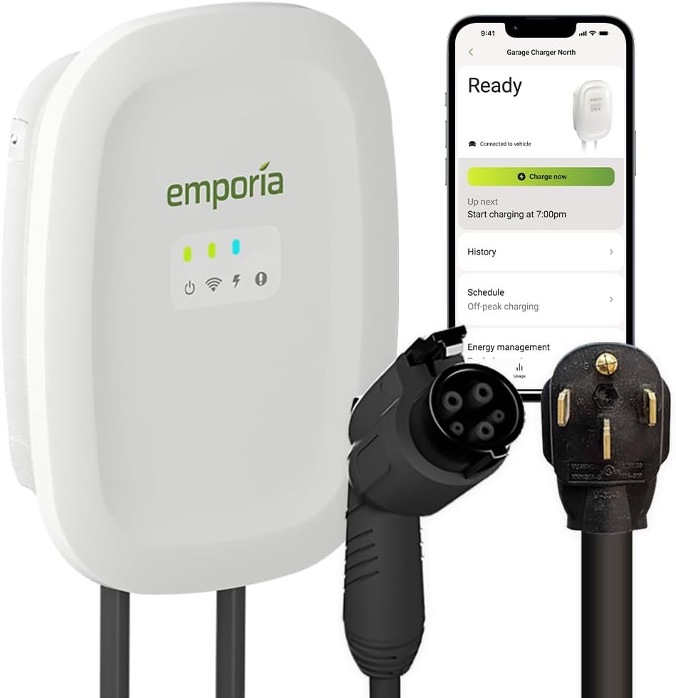 Emporia 48 Amp Level 2 EV Charger for Canadians: NEMA 14-50, J1772, WiFi, 25ft Cable
