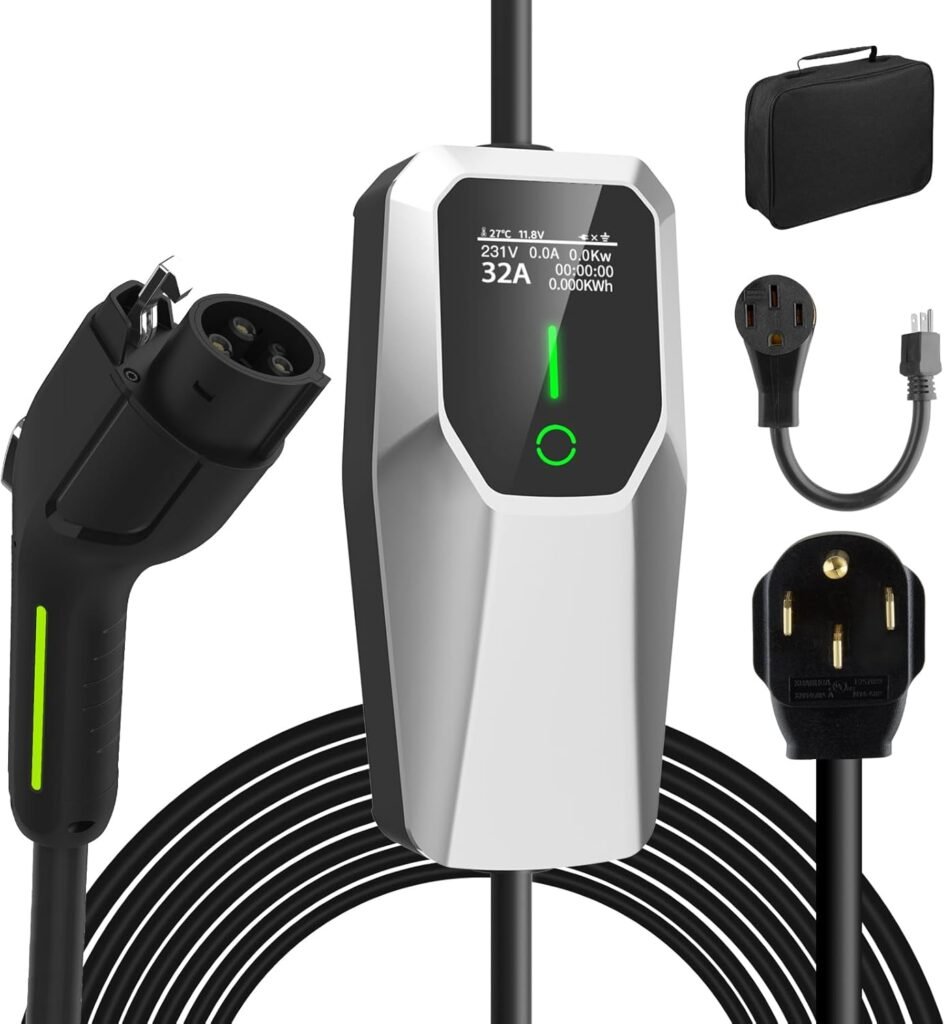 Portable Level 1 & 2 EV Charger 32Amp 110V-240V, 20FT Cable, NEMA 14-50/5-15 Plug for SAE J1772 Cars in Canada
