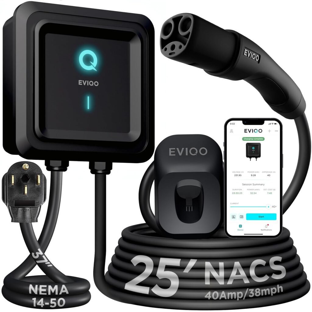 Get EVIQO Level 2 NACS-Compatible Tesla EV Charger – 40 Amp, 240V, 25′ Cable in Canada