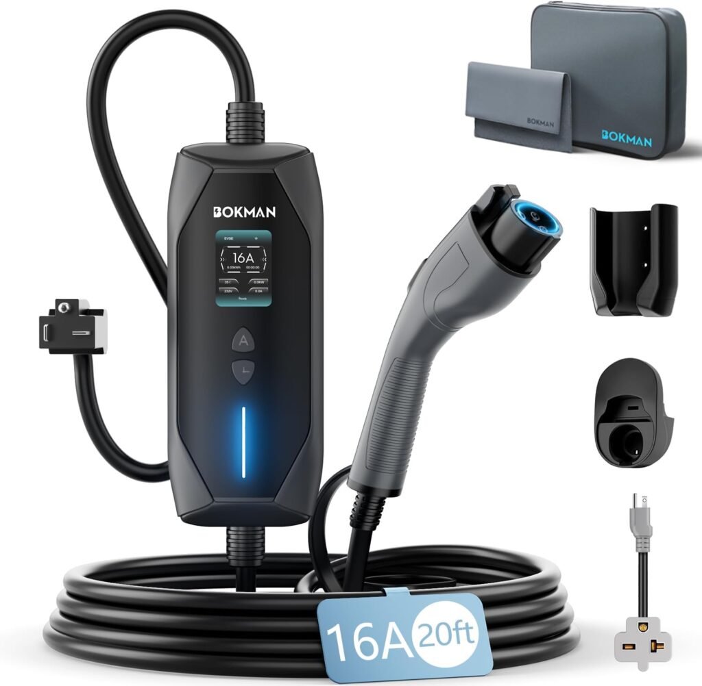 Efficient Canadian EV Charging: Bokman Portable Level 2 & 1 Charger with 20ft Cable & NEMA Adapters