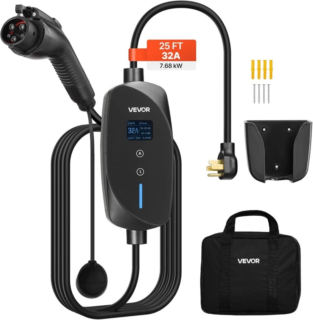 VEVOR 32 Amp Level 2 EV Charger: Portable 240V with 25 ft Cable & LCD Display for Canadians