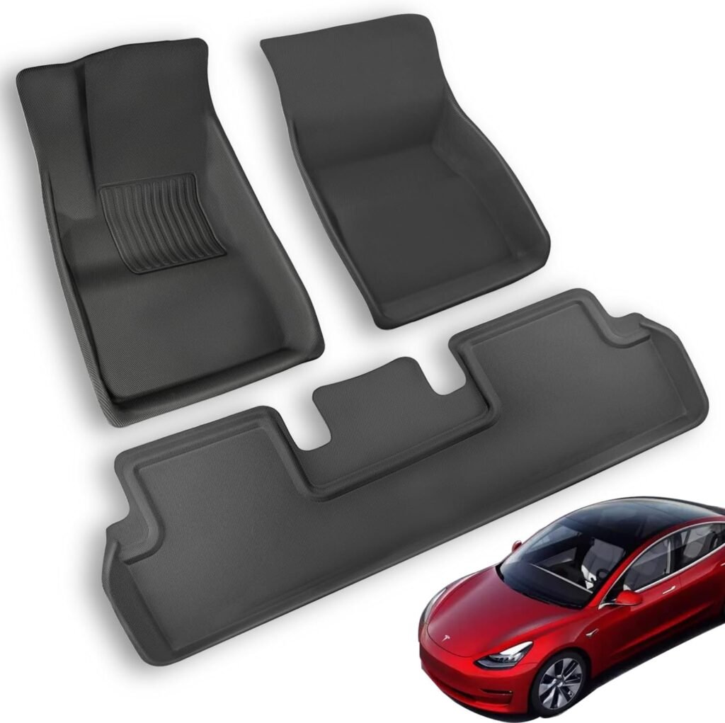 Custom Black TPE Tesla Model 3 Floor Mats: Non-Slip, Waterproof, All-Weather Protection for 2021-2023 Models in Canada