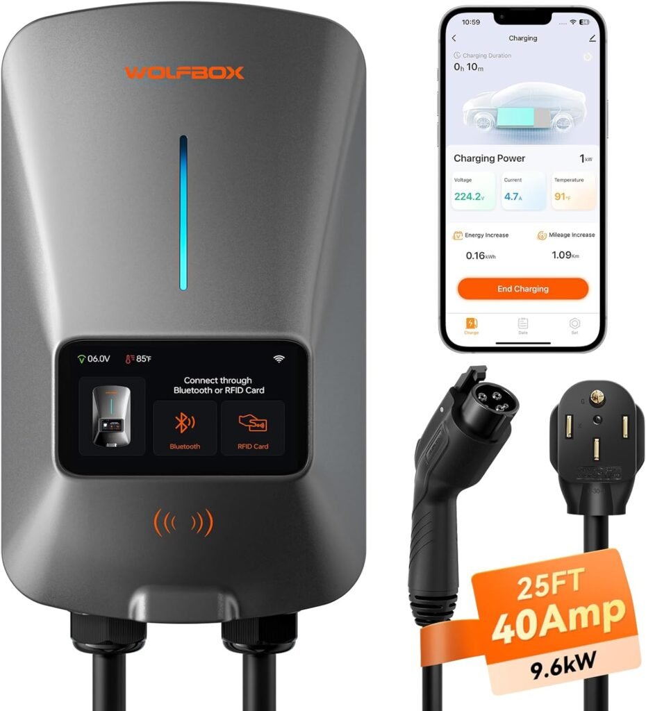Level 2 WOLFBOX 40 Amp EV Charger: WiFi, RFID, Smart Display, 25ft Cable for Canadians