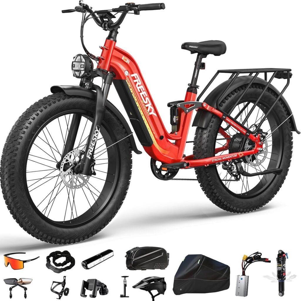 FREESKY 2000W Electric Bike: 180KM Range, 59KM/H Speed, Full Suspension, 26” Fat Tires – Ideal for Canadian Commuters & Mountain Trails