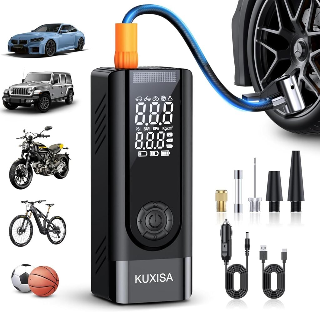 Fast & Powerful KUXISA Tire Inflator: 180PSI Air Compressor with Digital Gauge for Cars & Bikes