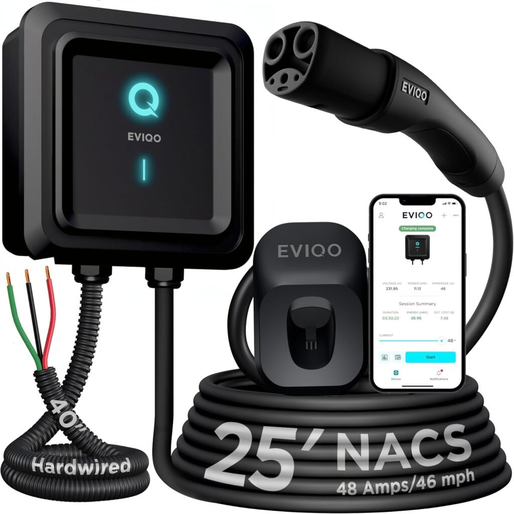 Level 2 EVIQO Tesla Charger: 48 Amp, 240V, 25ft Cable, WiFi & App