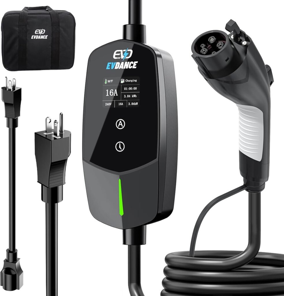 Portable Level 1 & 2 EV Charger, 16A 110-240V with 25ft Cable & LED Screen